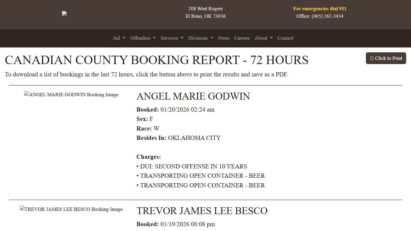 72 Hour Booking Report | Canadian County Sheriff's Office